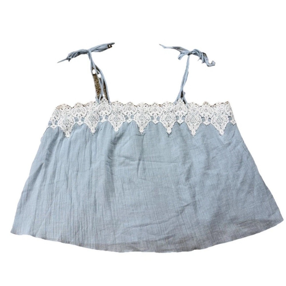 Línea Donatella Baby Blue Top Lace Tie Strap Shoulder Cami Boho Whimsy Prairie - Picture 2 of 9